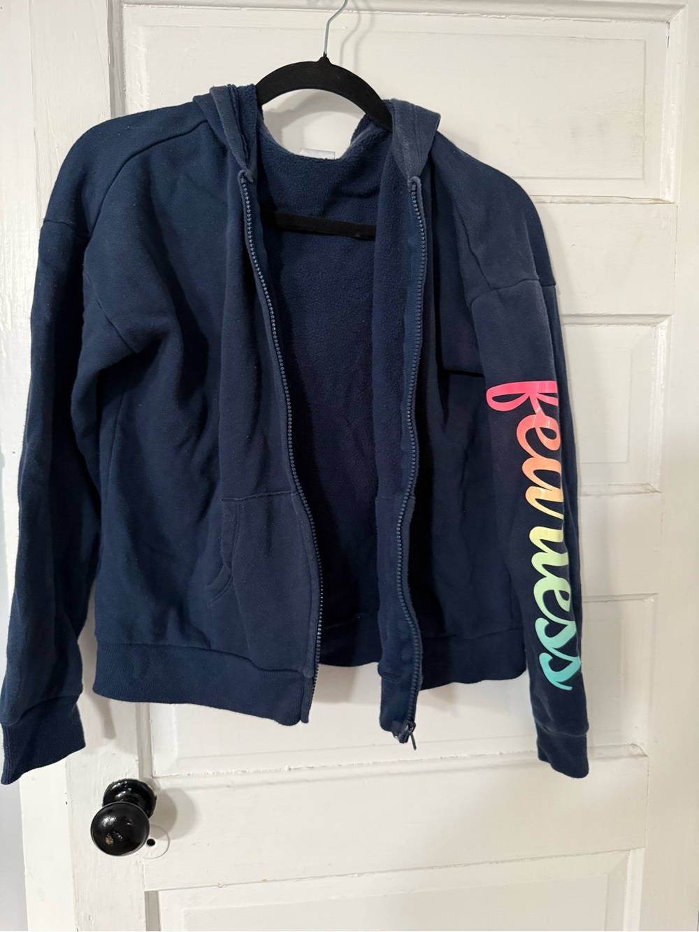 Women’s Navy Zip-Up Hoodie with Rainbow Sleeve Script